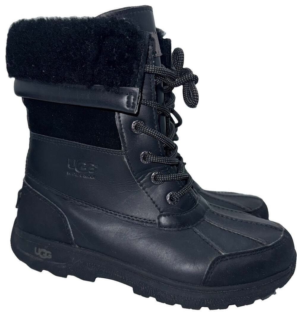 UGG Butte II CWR Kids Size 4 Black Leather Waterproof Lace Up Snow Boots